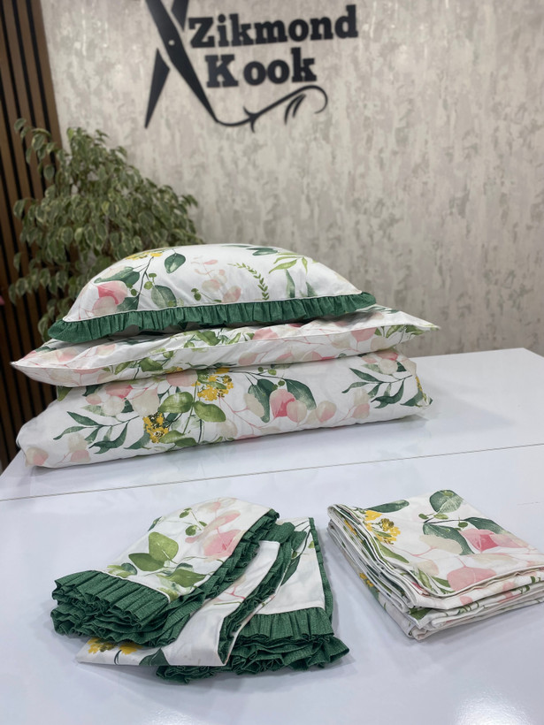 کاور تشک زیپدار و ۲عددروبالشی چین دار برگ سبز 🌿